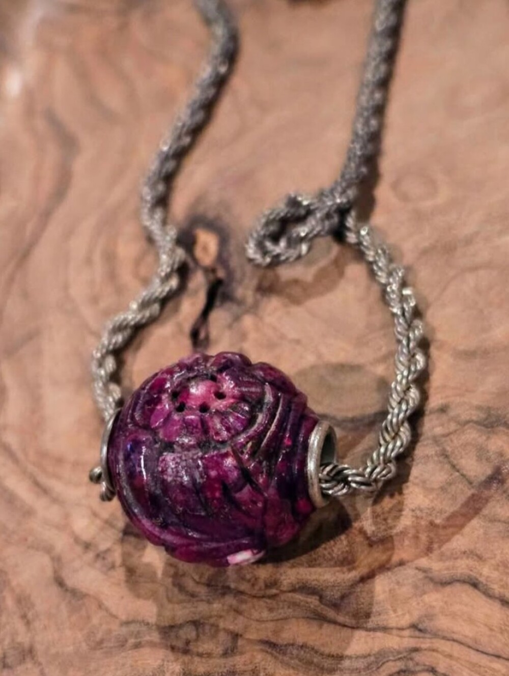 Hubei Purple Turquoise Carved Bead Pendant On Sterling Silver Chain Necklace